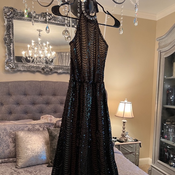 Black Long Halter Neck Sequin Prom Dress - Picture 3 of 5